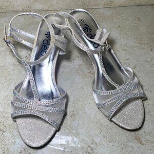 Silver Glitter Rhinestone Strappy Heeled Sandals Party Special Occasion